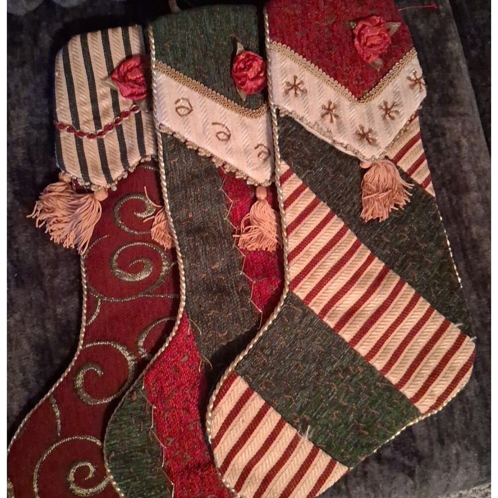 Creative Design - Red Gold Green Ivory - Velvet Christmas Holiday Stocking lot3